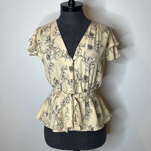 Sweet Rain Yellow Floral Faux Wrap Peplum Blouse Size Small